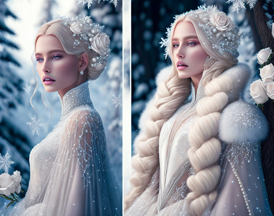 Digital artwork of woman with braided blonde hair in bridal gown & white flowers in wintry setting