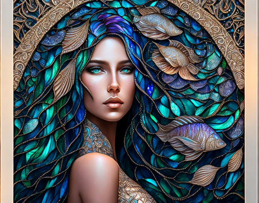 Colorful digital artwork of woman with peacock-inspired coloring and metallic fish motifs.