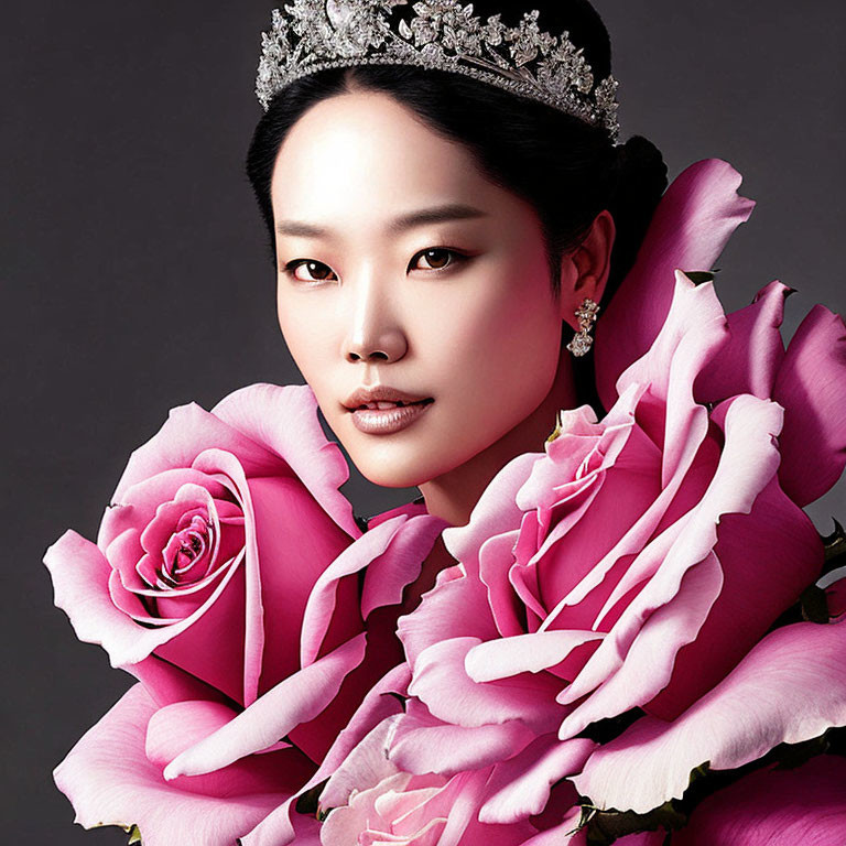 Elegant woman with tiara and pink roses on dark background
