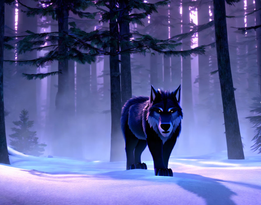 Stylized black wolf in snowy forest with purple hues and light beams.