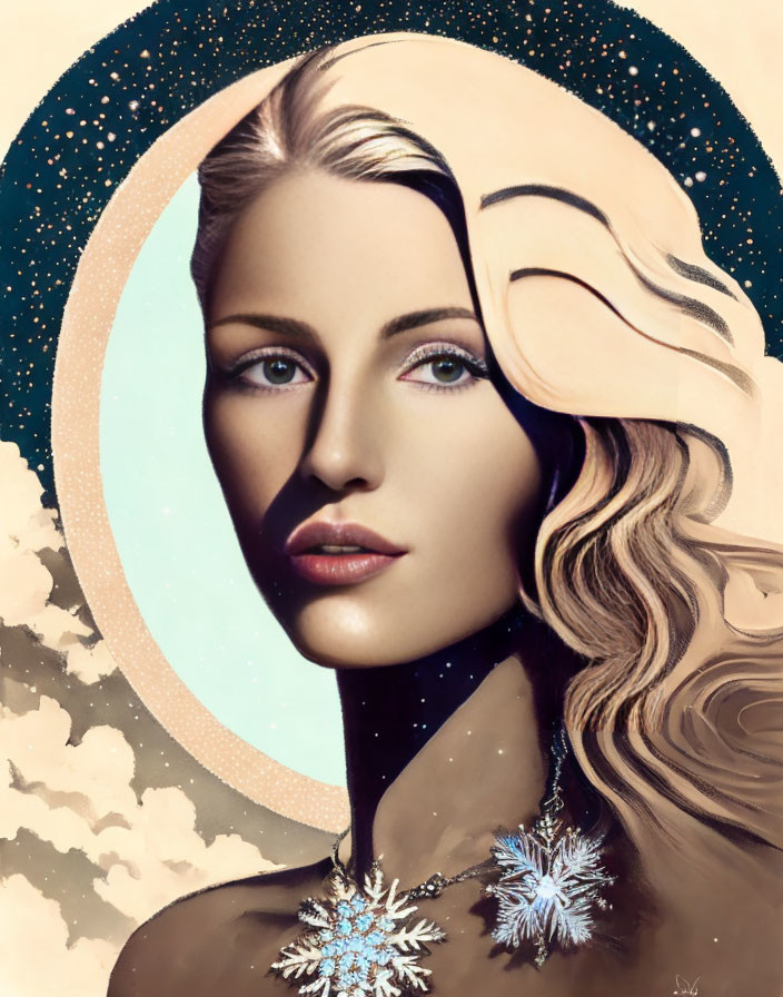 Stylized portrait of woman with blonde hair and snowflake jewelry on crescent moon backdrop