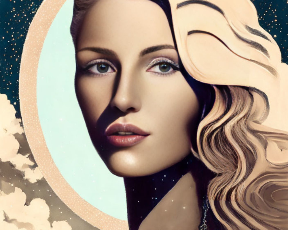 Stylized portrait of woman with blonde hair and snowflake jewelry on crescent moon backdrop
