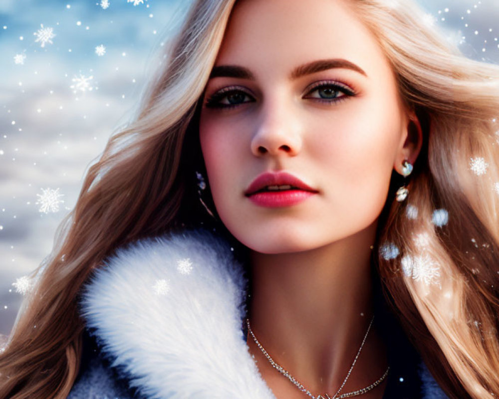Blonde woman in fur coat with snowflake necklace in snowy scene