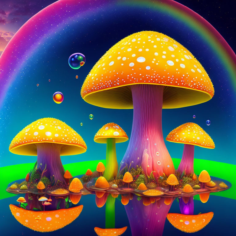 Colorful digital artwork: Oversized mushrooms in neon palette under cosmic sky