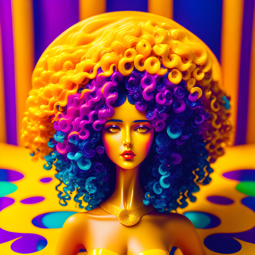 Colorful digital illustration: Woman with vibrant curly hair, dramatic makeup, gold necklace on striped backdrop