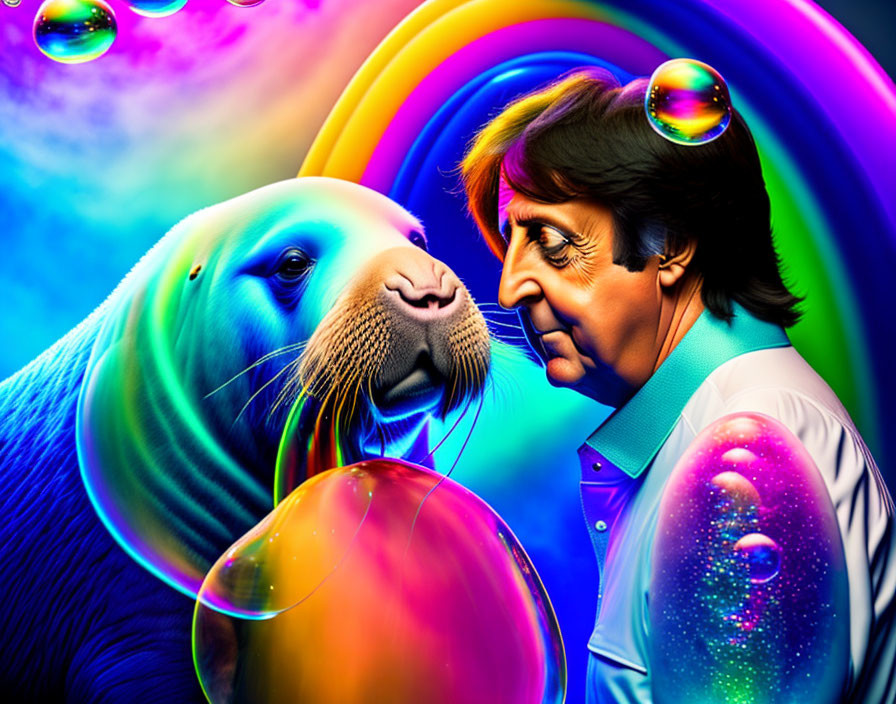 Colorful digital artwork of man and seal surrounded by soap bubbles and rainbow