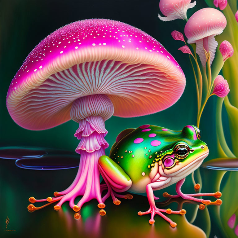 Colorful illustration of whimsical frog under pink mushroom in dark foliage