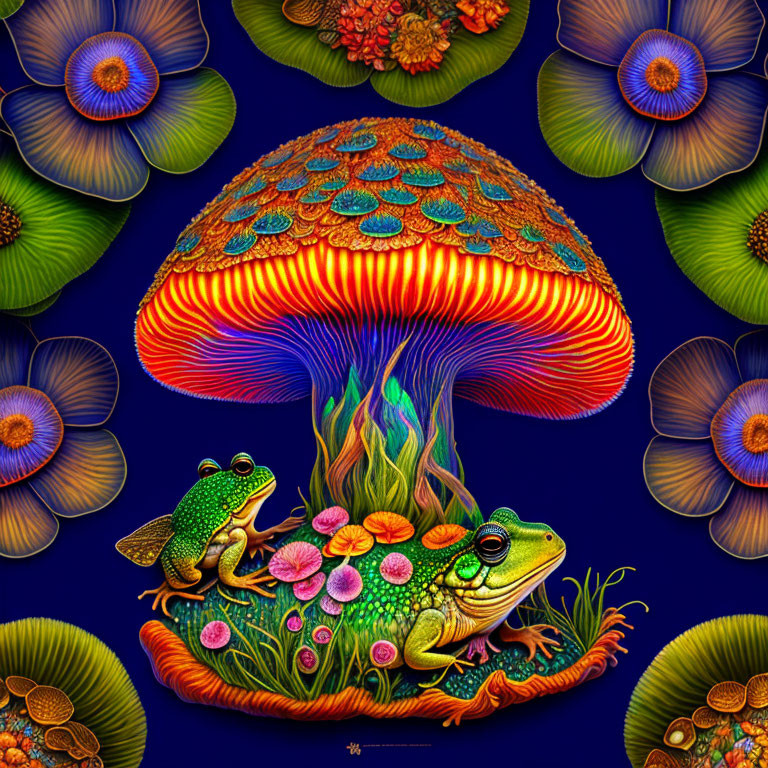 Colorful Mushroom and Frogs in Vibrant Illustration