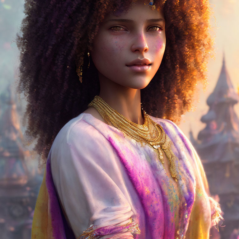 Young woman with curly hair and fine jewelry in colorful garment against warm, golden-hour backdrop.