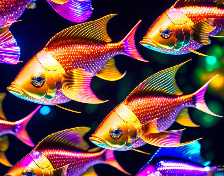 Vibrant neon-lit fish in yellow, orange, and pink against dark blue and purple backdrop