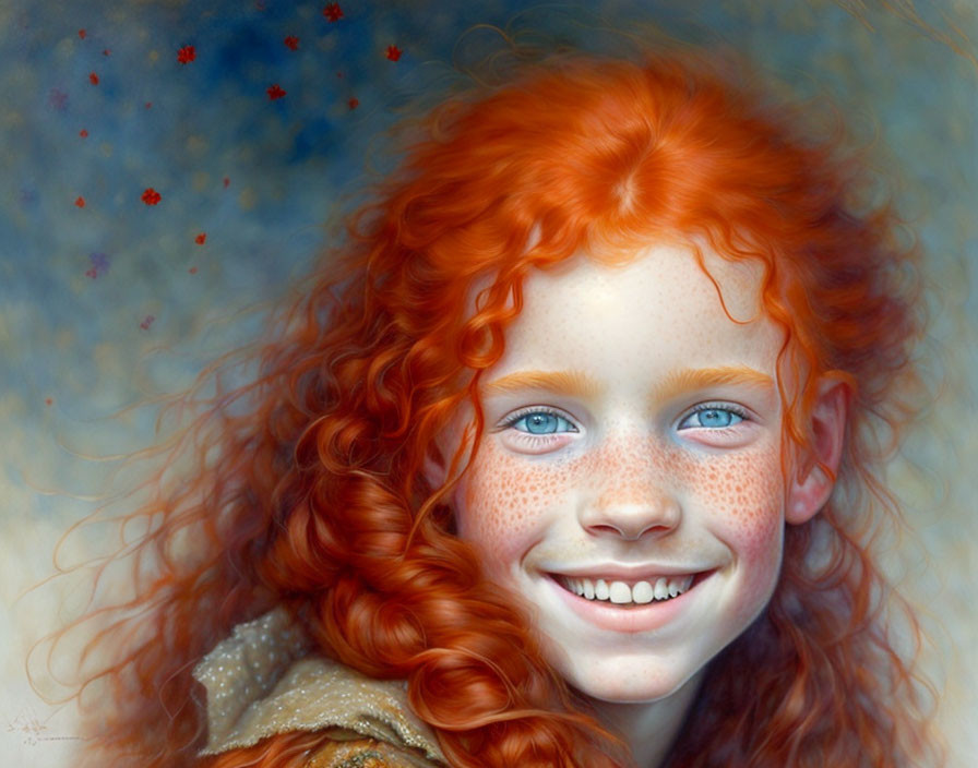Portrait of a Smiling Girl with Red Curly Hair and Blue Eyes
