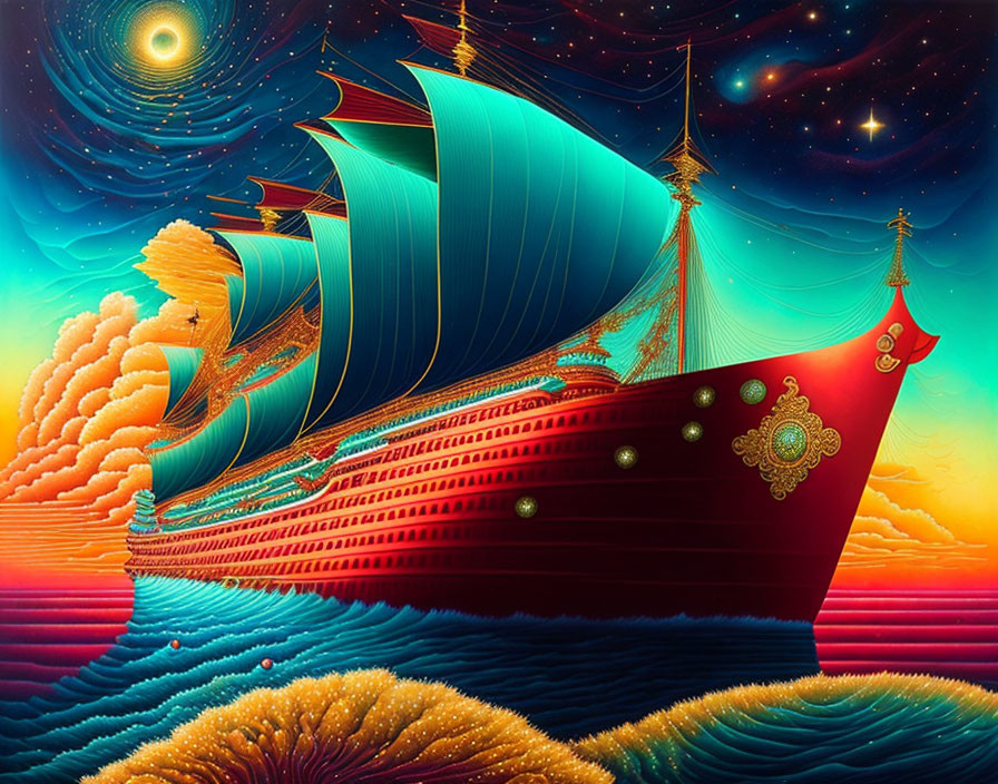 Vibrant digital art: fantastical ship sailing on colorful wave patterns under starry sky