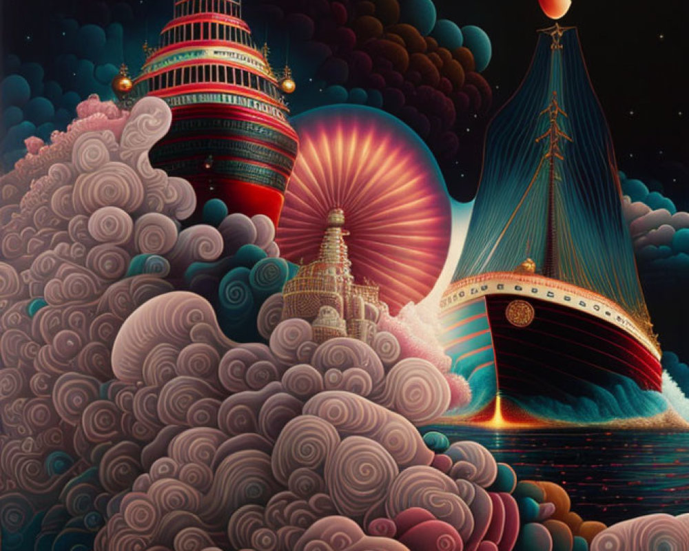 Fantasy illustration of ship, pagoda, and cosmic backdrop