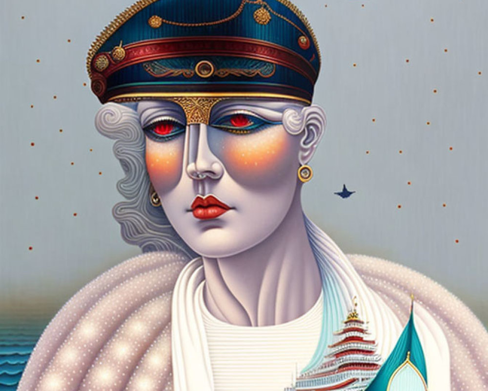 Surreal portrait featuring figure with ship, whale, and bejeweled headdress.