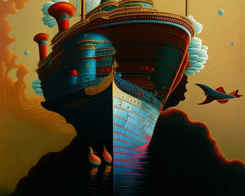 Surrealist ship with ornate decks above hilly terrain