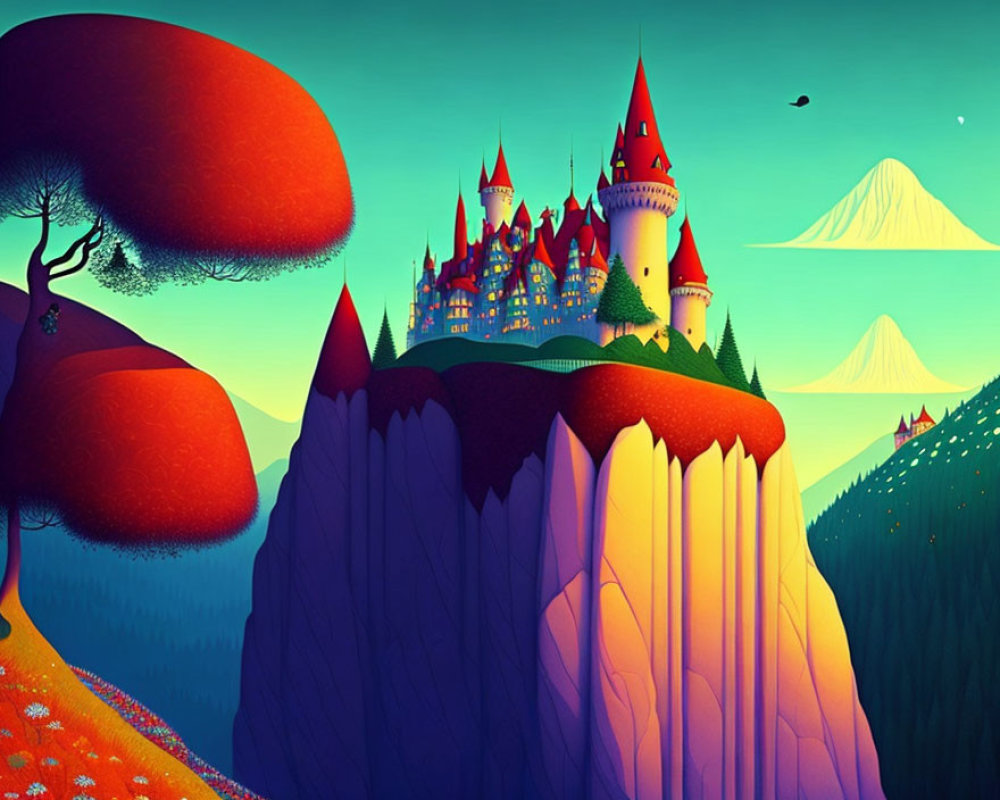 Colorful illustration of castle on cliffs with trees and mountains