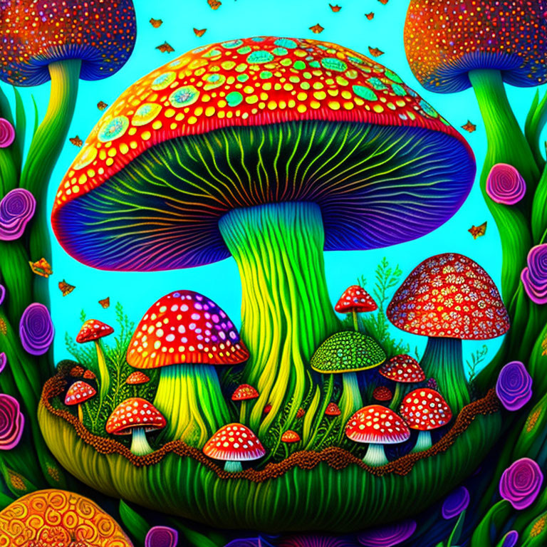 Colorful Psychedelic Mushroom Illustration in Fantasy Setting