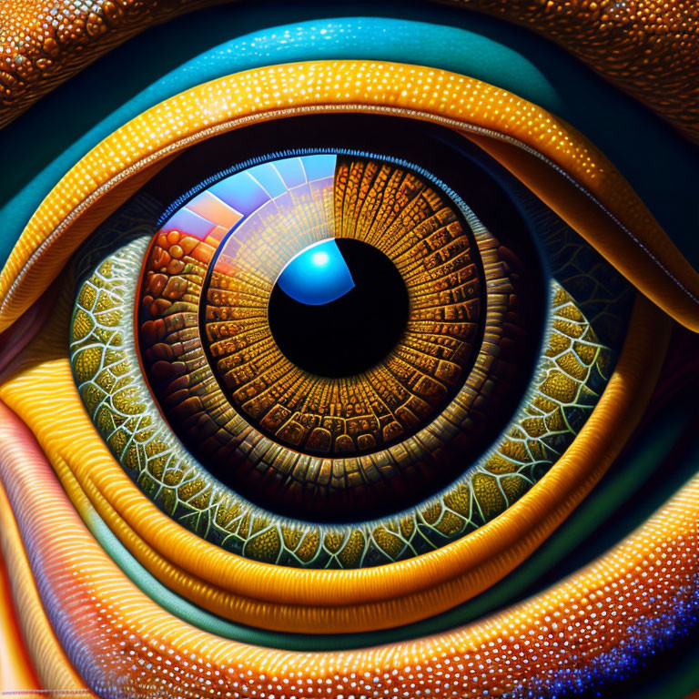 Detailed illustration of vibrant eye with multi-colored iris and glossy pupil