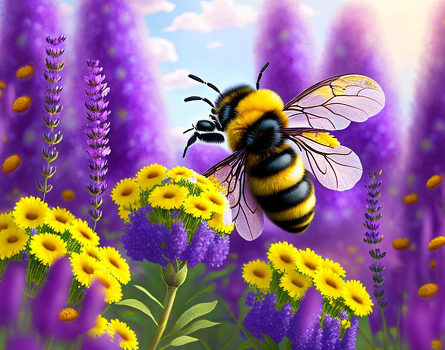 Colorful bumblebee illustration in flower garden under blue sky