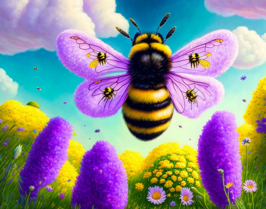 Colorful bumblebee and bees in vibrant flower field illustration