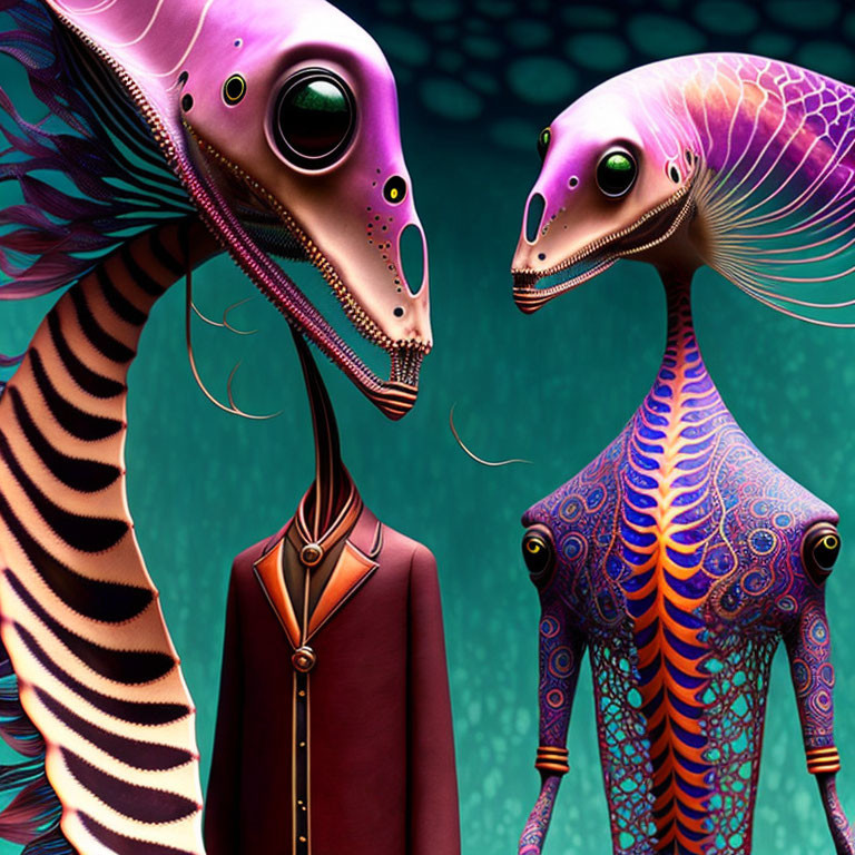 Colorful Creatures with Elongated Necks in Human-Like Clothing on Teal Background