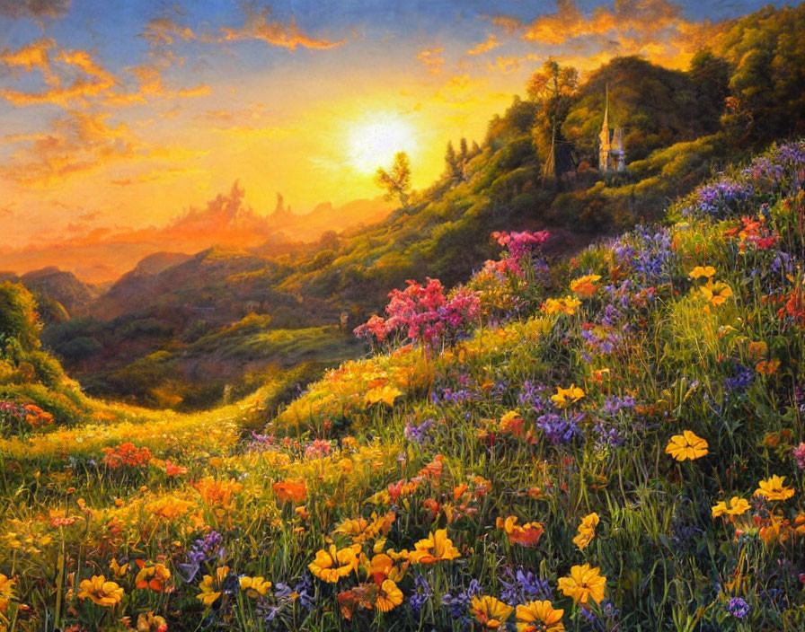 Colorful Wildflowers Blanket Rolling Hills at Sunset