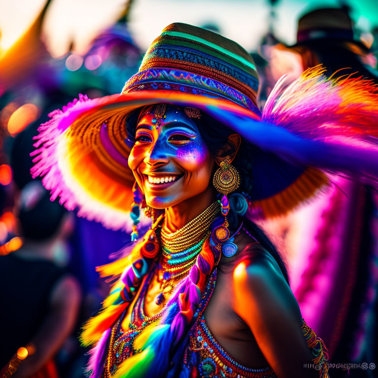 Colorful Festival Attire Portrait of Woman with Striped Hat
