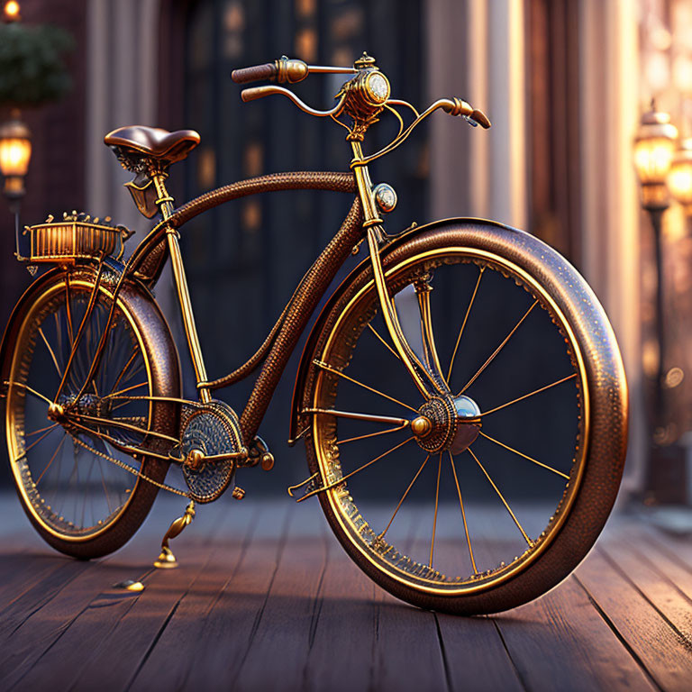 Vintage-style Bicycle with Golden and Brown Accents on Cobblestone Street