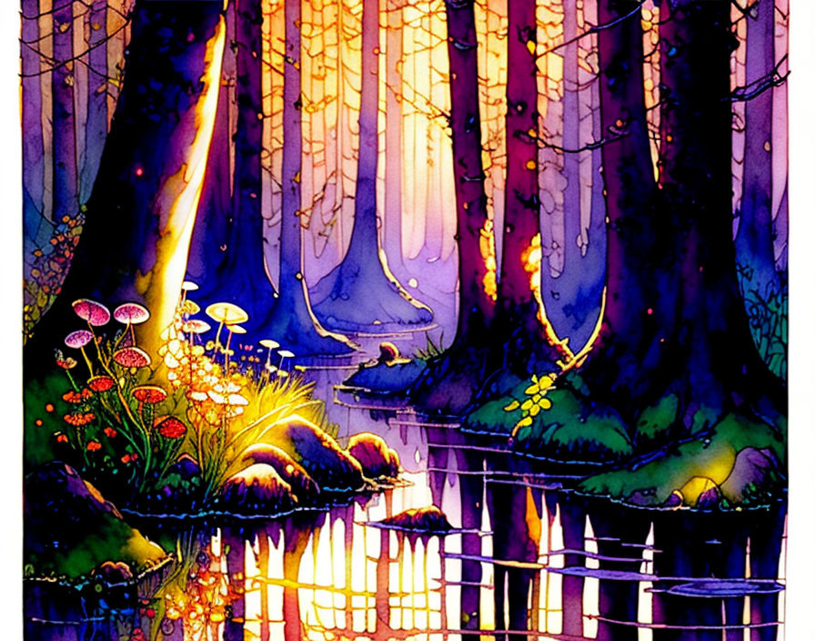 Illustration: Enchanted forest with tall trees, luminous mushrooms, and tranquil stream at sunset