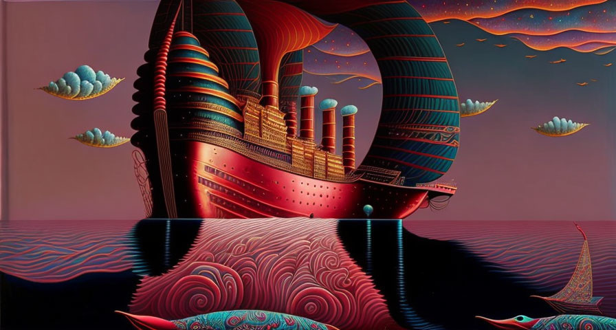 Surrealistic painting of ship with looped architecture on wavy seas under floating shells and strat