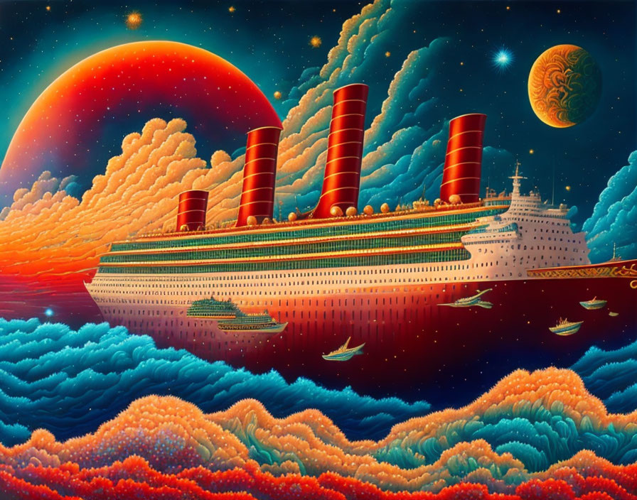 Surreal illustration: giant ocean liner above vibrant waves, red sun, green moon, starry