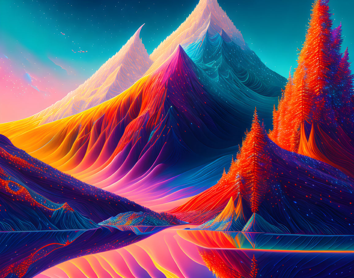 Surreal neon-colored mountain landscape with reflective lake and starry sky