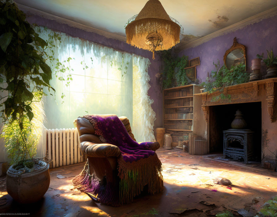 Sunlit Cozy Room with Purple Wall, Armchair, Fireplace, Plants, Books, and Ch