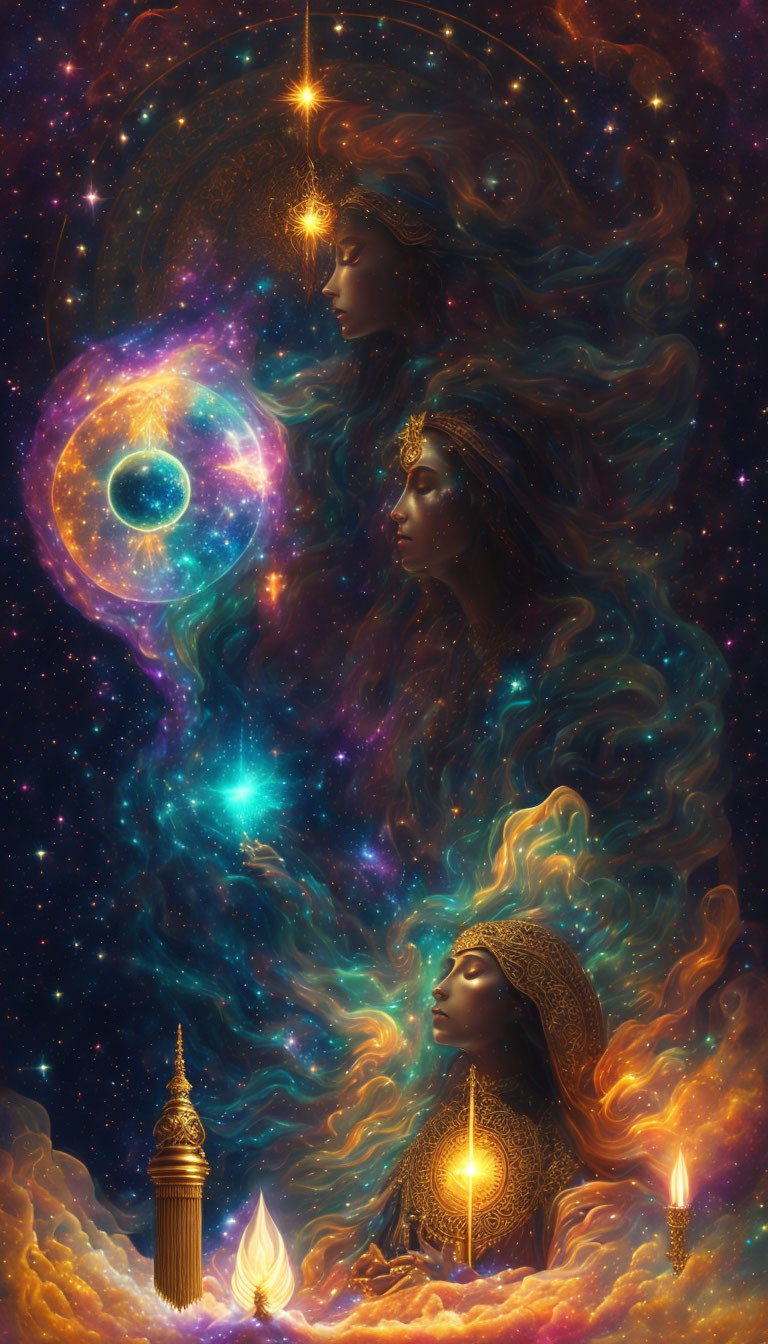 Ethereal women's faces in cosmic swirls with stars, keyhole, candles, and orn