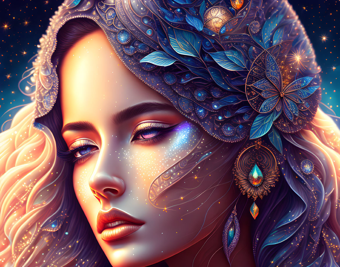 Woman with ornate jeweled headdress and butterfly motifs in vibrant blue hues on cosmic background
