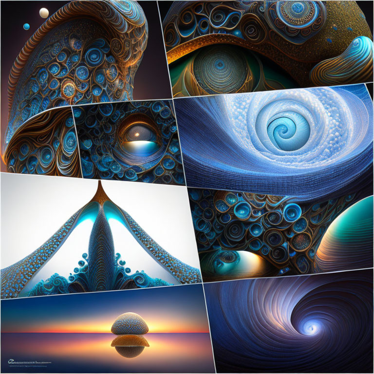 Eight Intricate Fractal Designs in Blue, Golden, and Brown Spiral Patterns