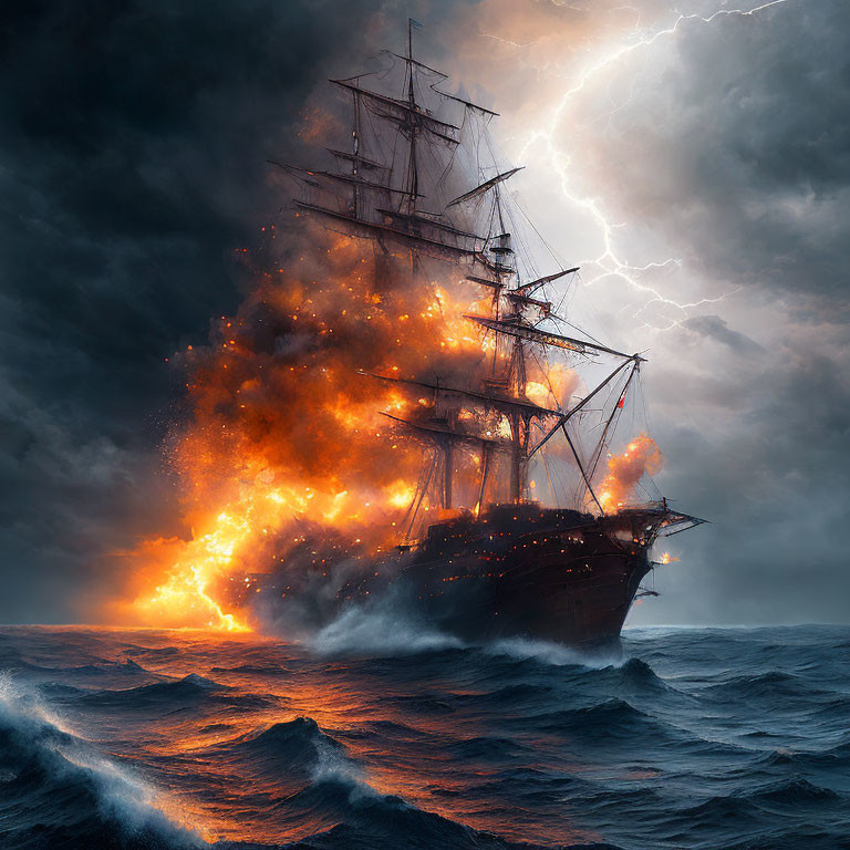 Burning tall ship in stormy sea with lightning