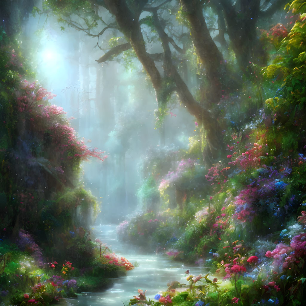 Serene Forest Scene with Sunlight, Flowers, and Stream