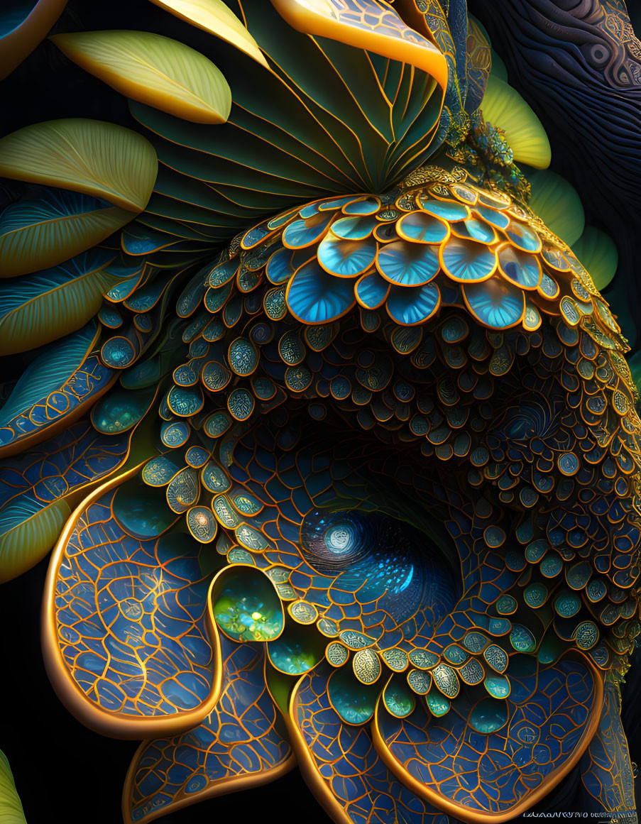 Colorful fractal design with spiraling scales in blue, gold, and green