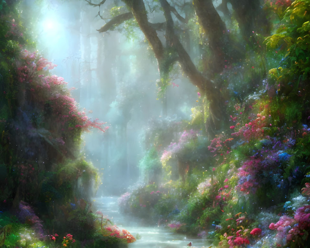Serene Forest Scene with Sunlight, Flowers, and Stream