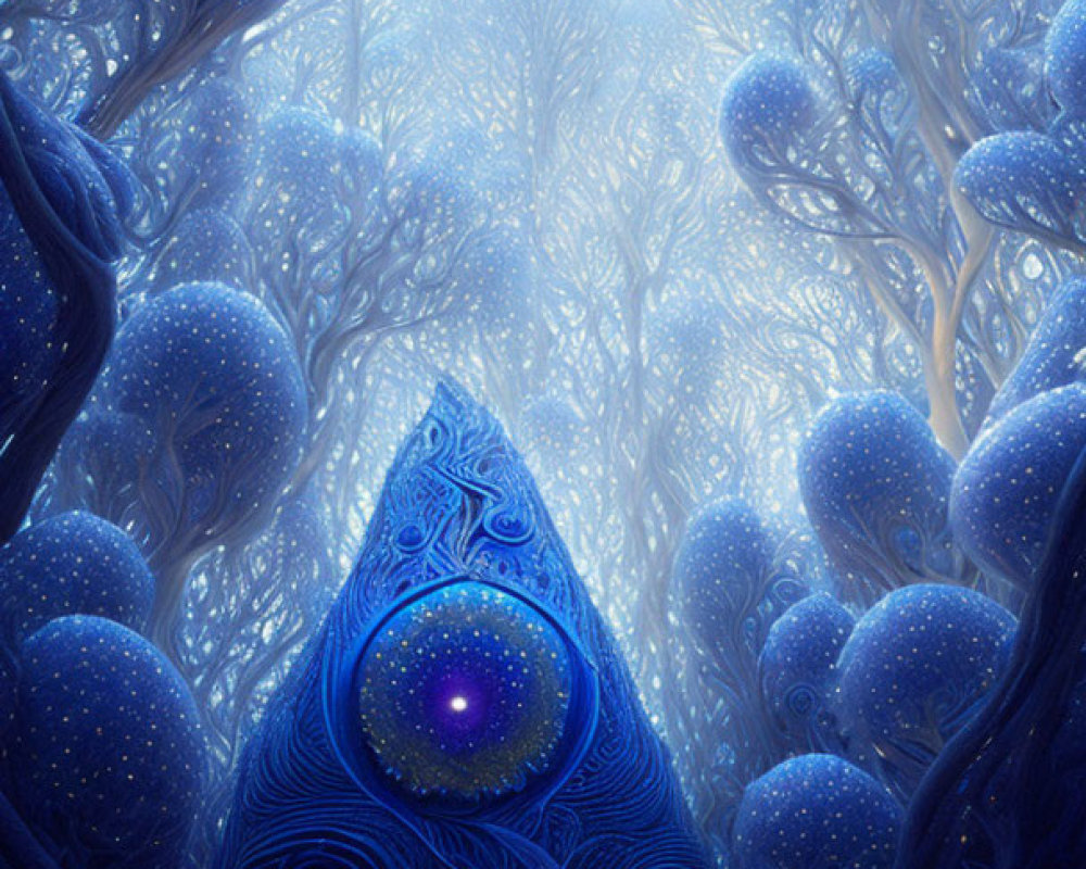 Mystical blue forest with intricate trees and luminous peacock feather-shaped structure.