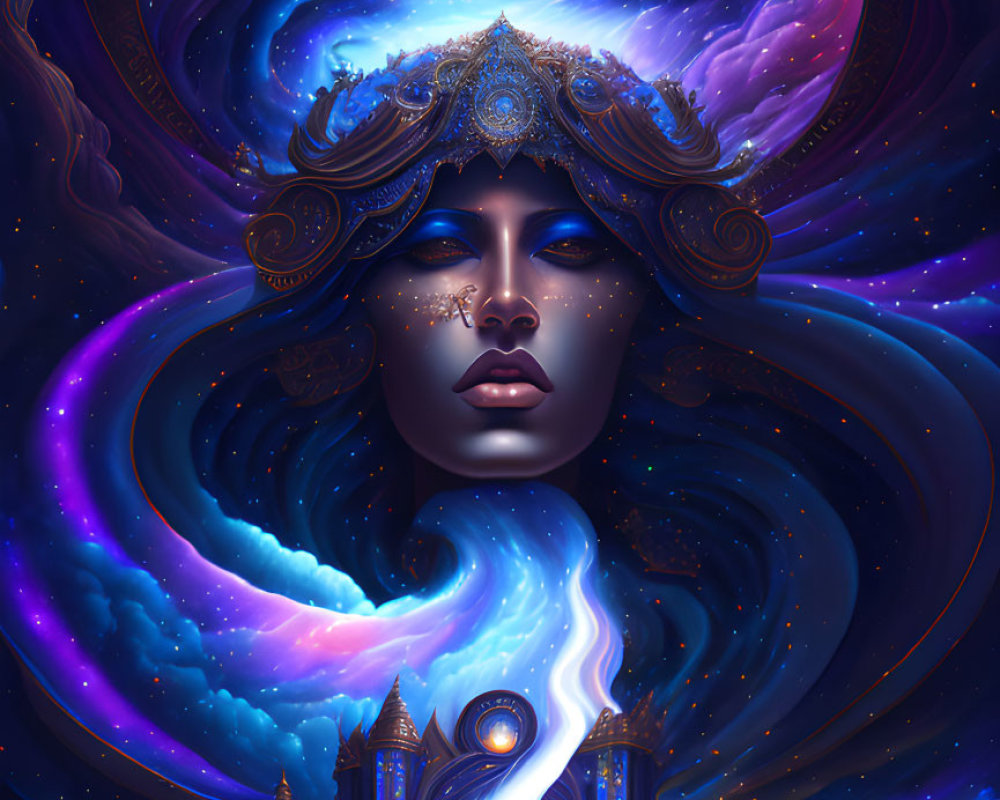 Celestial-themed cosmic illustration of woman with dark skin and closed eyes.