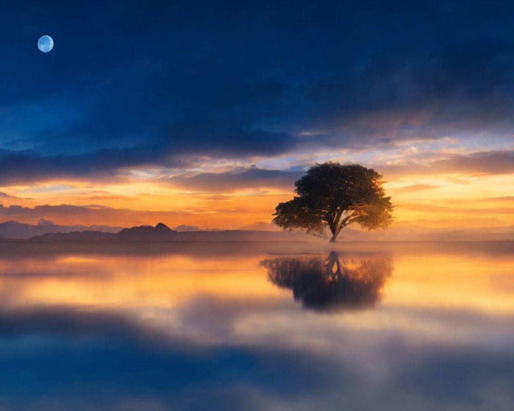 Solitary tree reflected in water under twilight sky with crescent moon