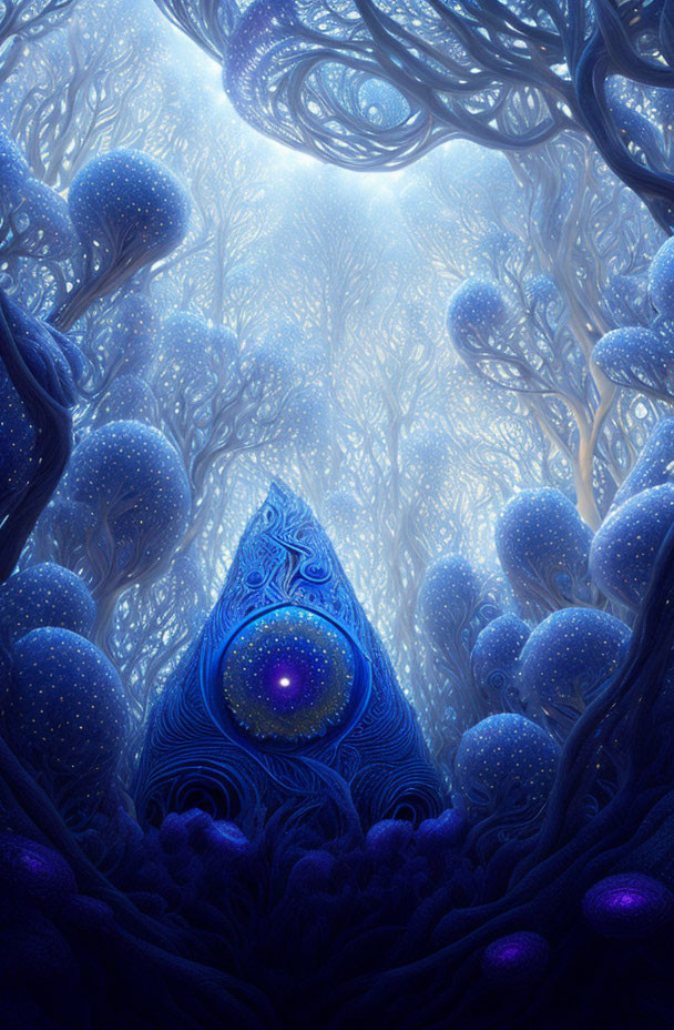 Mystical blue forest with intricate trees and luminous peacock feather-shaped structure.