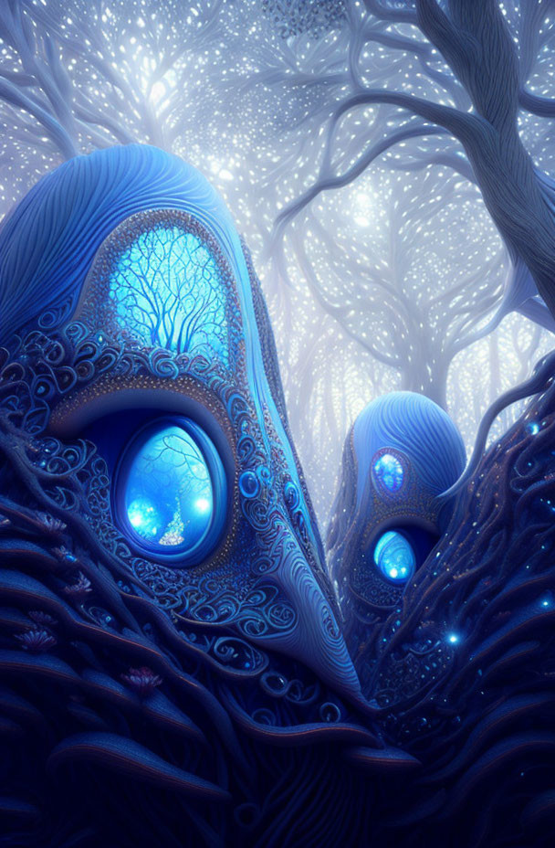 Digital Art: Illuminated Blue Peacock Creatures in Glowing Forest