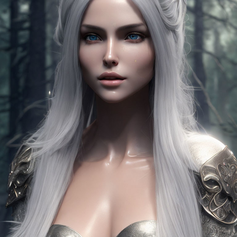 Female character with pale skin, blue eyes, white hair, and ornate shoulder armor in misty