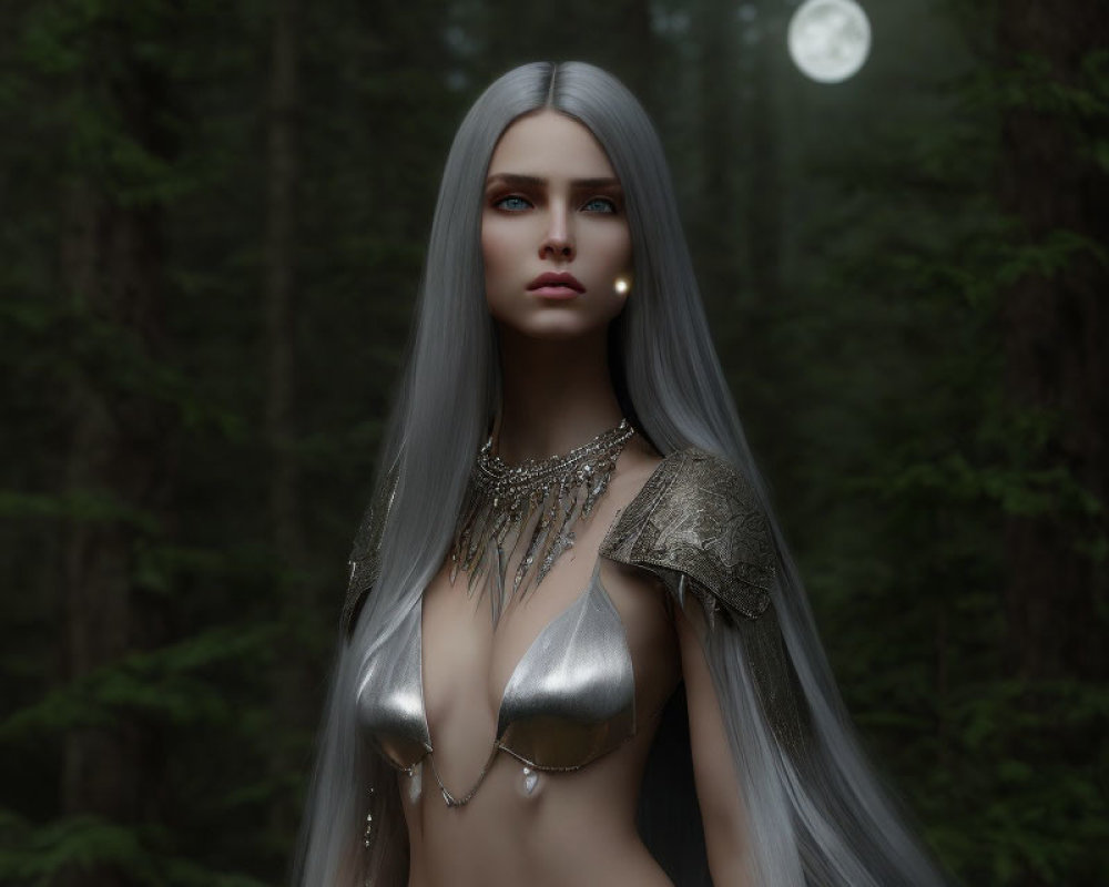 Digital rendering of female figure with silver hair in fantasy armor in moonlit forest