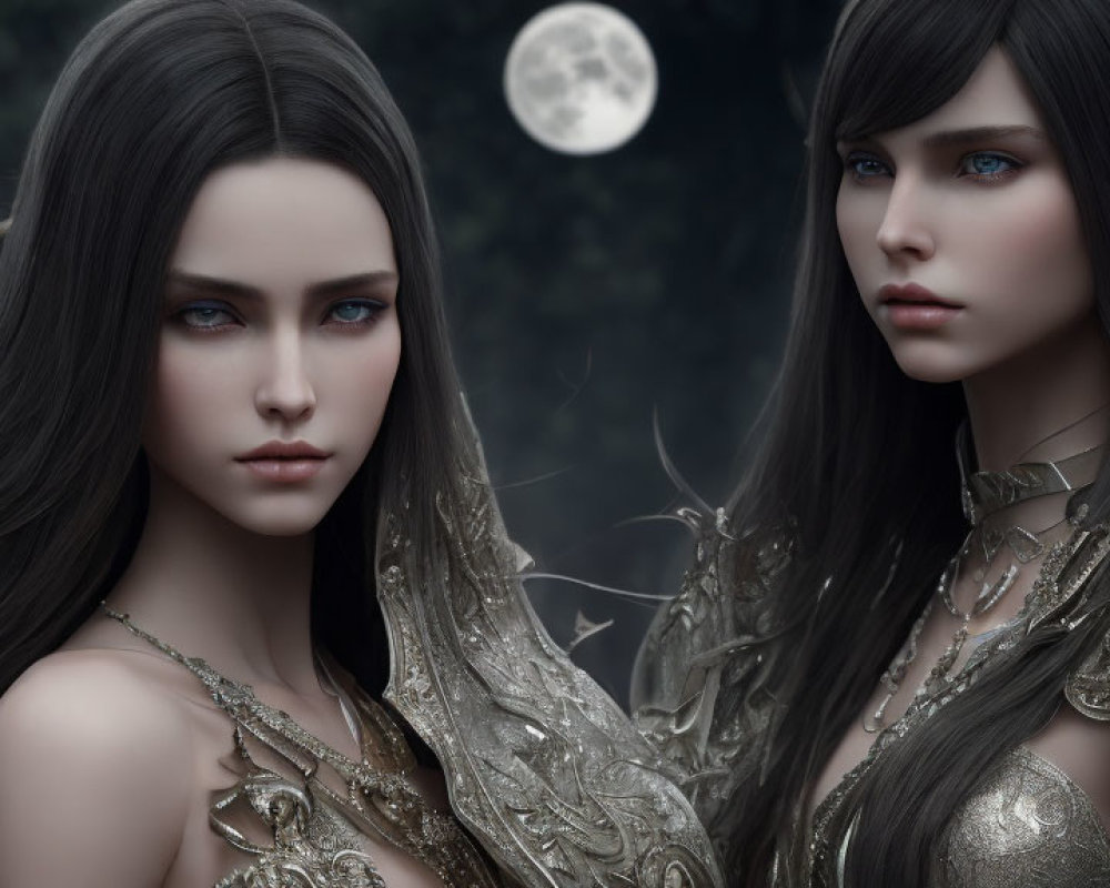 Two women in ornate metallic armor with striking blue eyes in misty forest