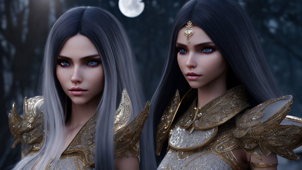 Fantasy female characters with blue hair and golden armor in mystical forest.