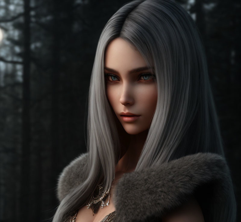 Digital portrait of a woman with silver hair and brown eyes in forest setting